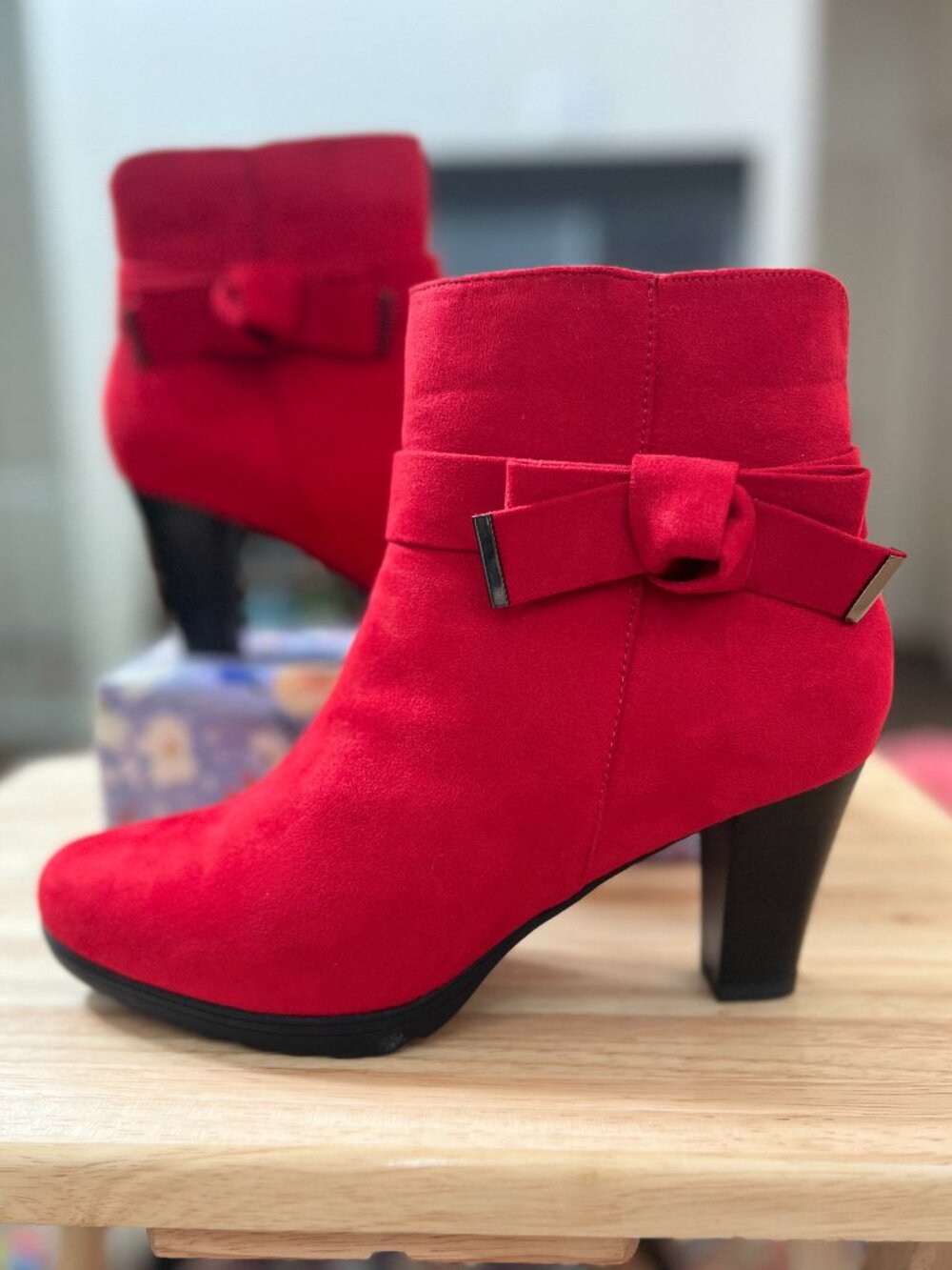 Red Suede Bow Ankle Booties Heels Size 10